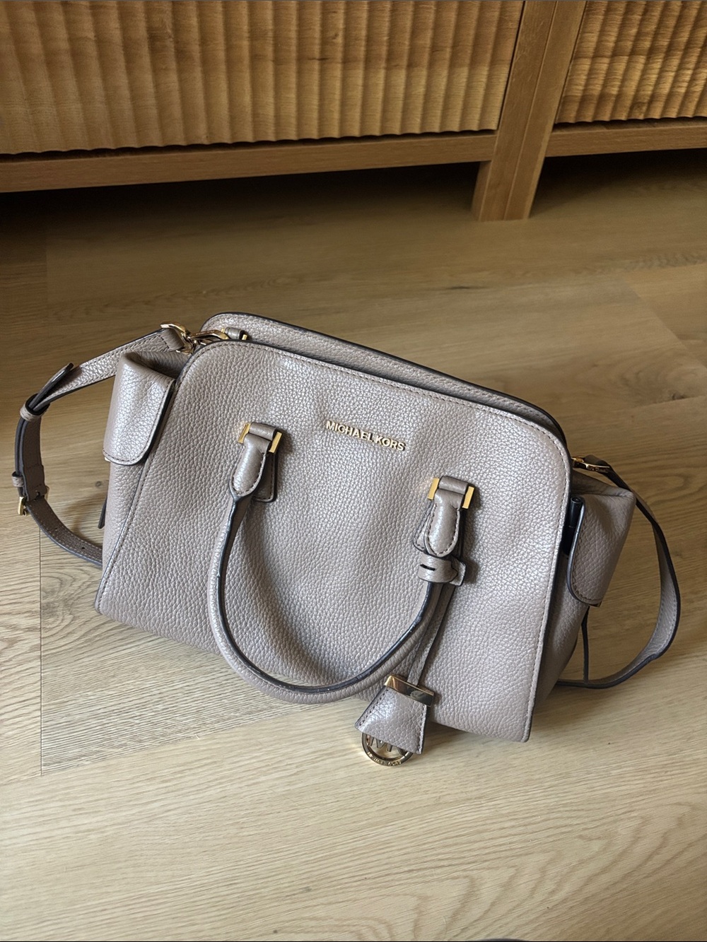 Michael Kors Pebble Leather Satchel in Taupe Gray with Gold Hardware